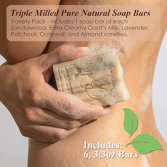 BELA Triple Milled Soap Variety Pack 3.3 OZ Pack of 6, Long Lasting French Triple Milled Bar Soap with Organic Shea Butter, Hand, Face and Body Wash Bar Made in Australia