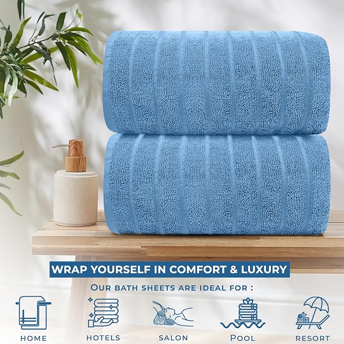 DAN RIVER Pack of 2 Bath Sheet 35x70 Inches, Ribbed Luxury Bath Towel Set, Extra Large and Quick Dry Soft Cotton Towels - Medium Blue