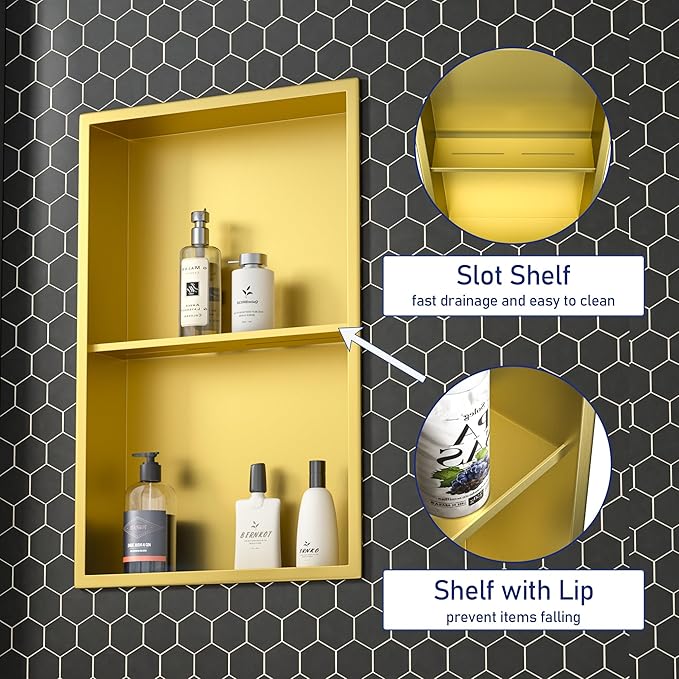 Stainless Steel Shower Niche 14"×24" Gold with 2-Tiers Shelf No Tiled Needed Niche Shower for Wall Recessed Shower Box for Bathroom Shower Storage