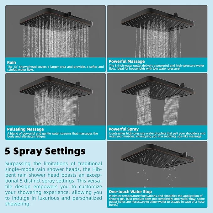 Hibbent 5 Spray Modes Shower Head, 13'' High Pressure Rain Shower Head, Large Rainfall Showerhead, High Flow Waterfall Bathroom Fixed Showerheads with Adjustable Swivel Ball Joint, Oil Rubbed Bronze