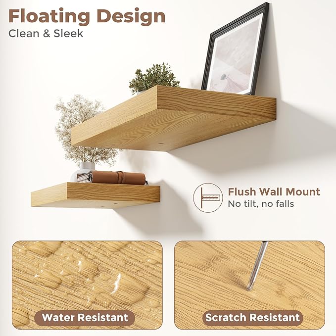 40 Inch Long Floating Shelves for Wall Set of 2, 12"D Wood Grain Bathroom Shelves with Invisible Brackets, Easy Install Engineered Wood Storage Shelves for Kitchen, Living Room, Bedroom, Oak Finish