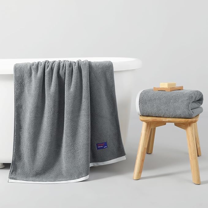 REDKISS 2 Pack 100% Cotton Bath Towels with Luxury Embellished Border Design, Oversized 27 x 54 Inches & 600 GSM Ultra Soft Bath Towel Set, Quicker to Dry Towels for Bathroom, Gym, Spa, Hotel, Gray