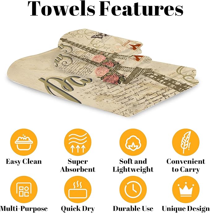 Vintage Butterfly Paris Eiffel Tower 3 Piece Towel Bathroom Sets, 1 Bath Towel, 1 Washcloth, 1 Hand Towel, Cotton Fast Dry Soft Absorbent Towel Set for Home Kitchen Family