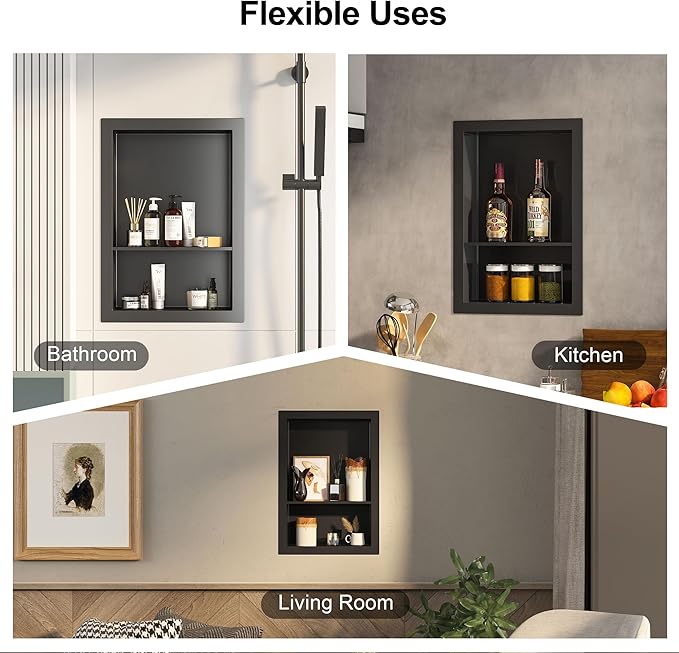 12x18 Black Shower Niche for Shower Wall,Bathroom Medicine Cabinet Recessed,Surface Mount Medicine Cabinet,Small Bathroom Wall Cabinet,Recessed Wall Niche for Over Toilet Storage/Living Room