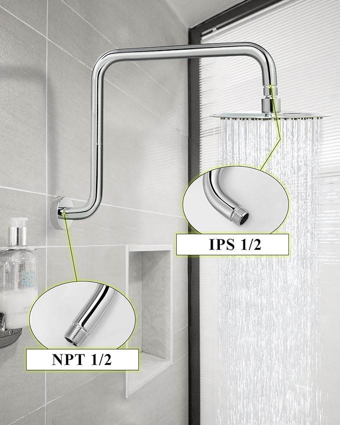PHASAT 16 Inches Shower Arm Extension,S shaped Shower Arm with Flange,304 Stainless Steel High Rise Shower Head Arm Chrome,PU9D01-M