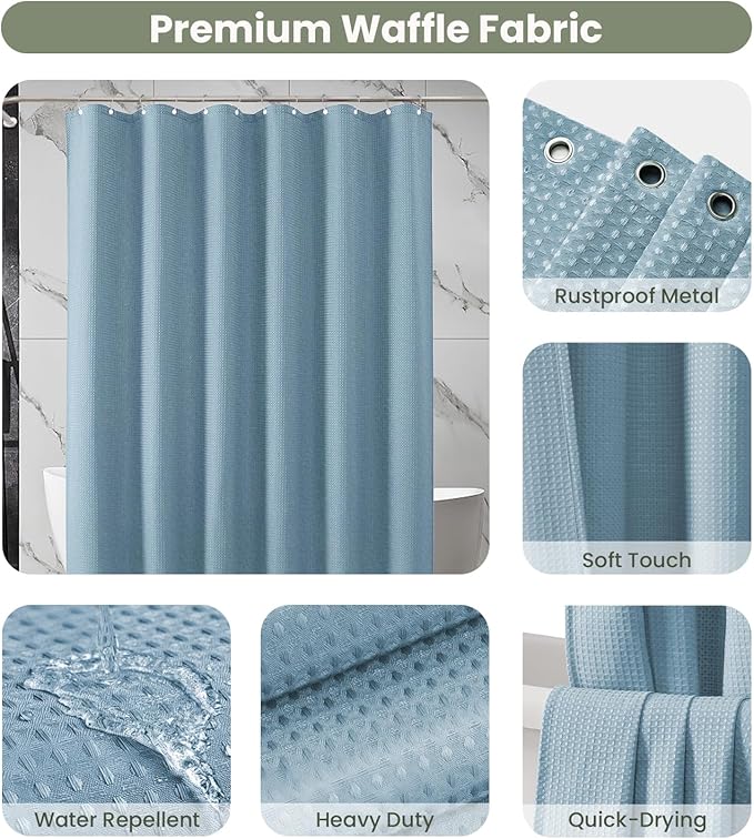 Inhousolu Fabric Shower Curtain Waffle Weave, 230 GSM Heavy Duty, Weighted Hem, 14 Metal Hooks, Water Repellent, Machine Washable, Hotel Spa Luxury Bath Curtain Set, 72 x 72 Inch, Teal