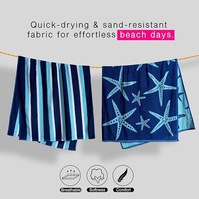 CASA COPENHAGEN Miami Bath Sheets Designed in Denmark Rough and Tough, Quick Dry, for Pool, Bath & Shower 35"x70", 2 Pieces Cotton Beach Towels Set - Star Fish Navy + Turquoise Stripe