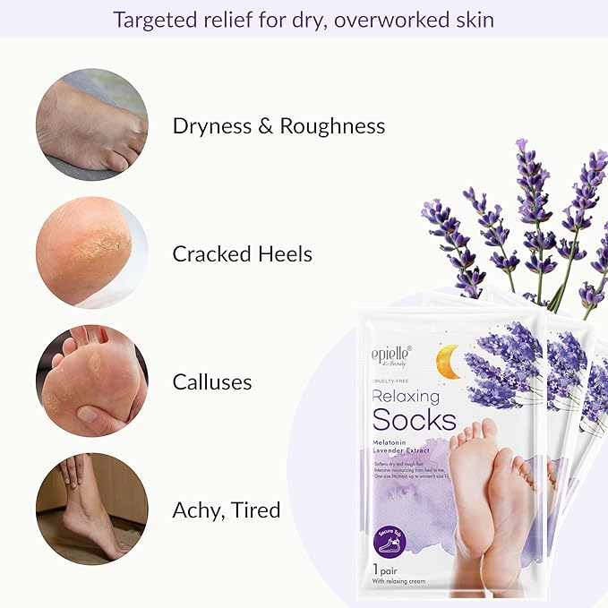 Epielle Relaxing Foot Mask 6 Pairs, Soften and Restore with Melatonin & Lavender Extract, Deep Moisturizing Socks for Dry, Cracked Feet, Self Care Gifts for Women, Spa Kit, Stocking Stuffers
