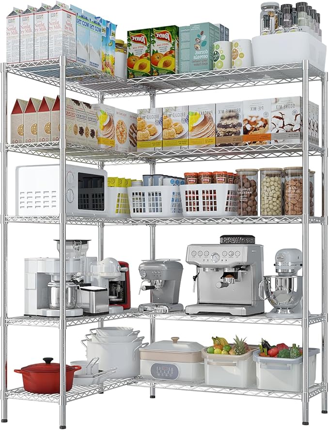 5 Tier Storage Racks Shelving, Heavy Steel Pantry Shelves, Adjustable Wire Shelving Rack, Suitable for Garage, Kitchens, Offices, 69.7" W x 16" D x 71" H, Chrome