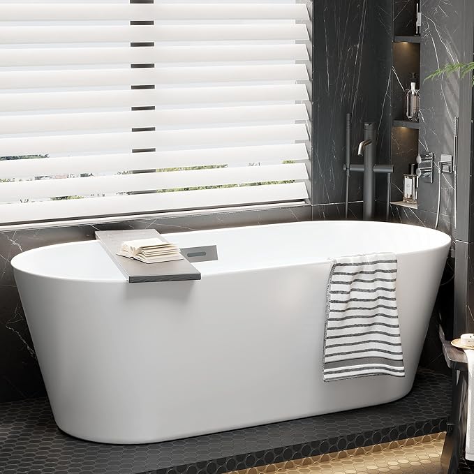 67 Inch Acrylic Soaking Bathtub, Modern Stand Alone Tub for Adults with Sloped Backrest, Chrome Drain & Overflow, cUPC Certified, Easy Installation, White Oval Bath