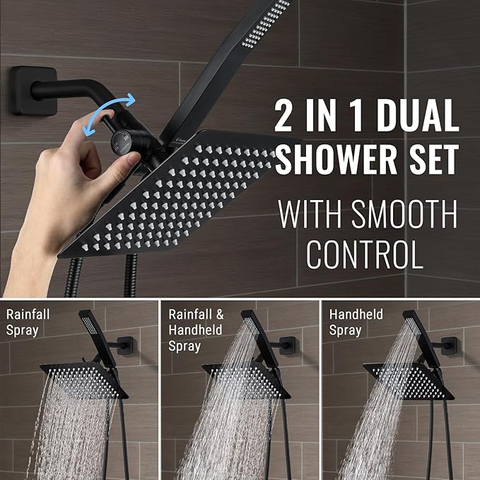 All Metal Shower Faucet Set, Dual Square Shower Head System with Handheld Wand, Diverter, Hose Complete Combo, Pressure Balance Rough-in Valve Included (Matte Black)