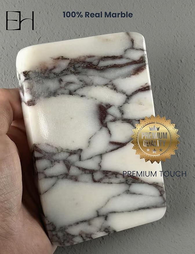 Real Marble Soap Dish - Soap Dish for Shower, Shower Bar Soap Holder, Marble Dish for Bathroom Kitchen, Decorative Stone Soap Dish with Drainage (Calacatta Viola P, Rectangular)
