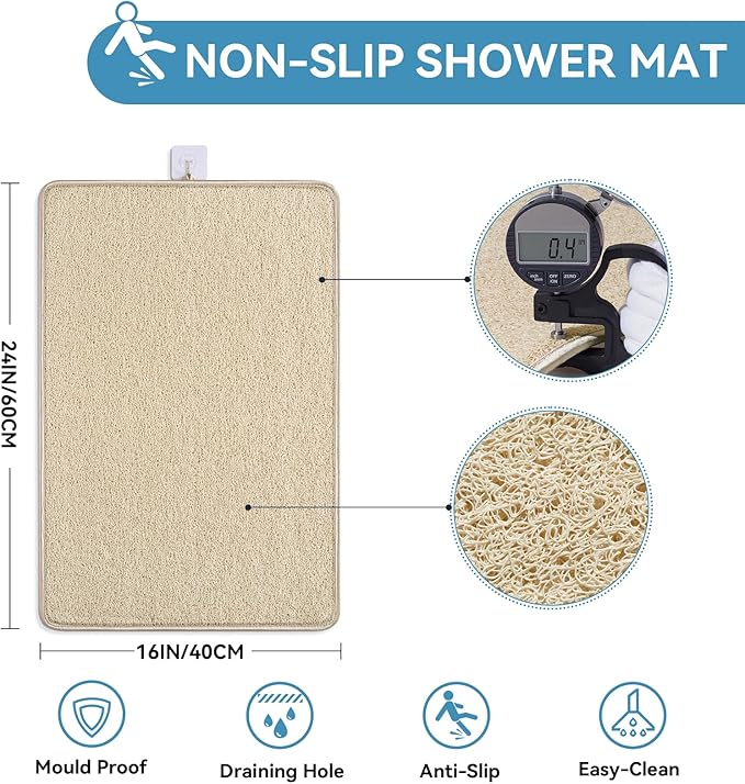 Non Slip Shower Mat Bathtub Mat 16x24 Inch, Quick Dry Bath Mat with Drain, Soft PVC Imitation Loofah Foot Scrubber Bath Mats for Bathroom Tub Shower Floor, Hangable & Hook Included, Beige