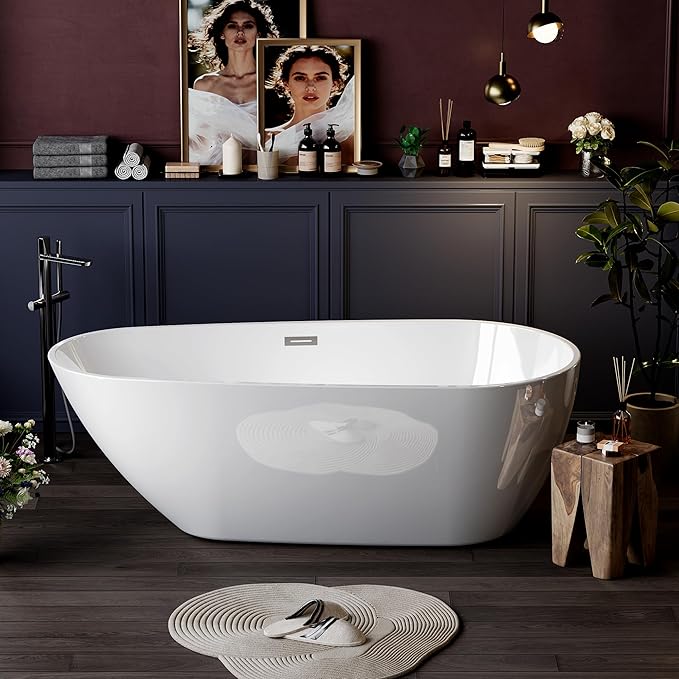 Bathtub with Upturned Ends, CUPC Chrome Drain and Overflow, White Interior and Black Exterior, Built-in Overflow, Fiber-Coated Fixing Bracket