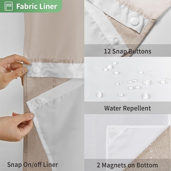 No Hook Extra Long Shower Curtain Set with Snap-in Liner,Linen Textured Thick Striped Fabric with Tassels,Boho Chic Modern Farmhouse Bathroom Curtain,Water-Repellent,Tan/Taupe,71x86