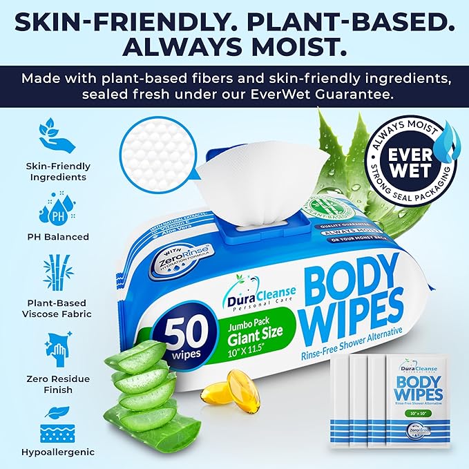 Dura Cleanse XL Body Wipes for Adults – No Rinse Bathing, 50 Count + 4 Travel Shower Sheets, 10" x 11.5" Thick Disposable Washcloths for Elderly, Men & Women, Camping