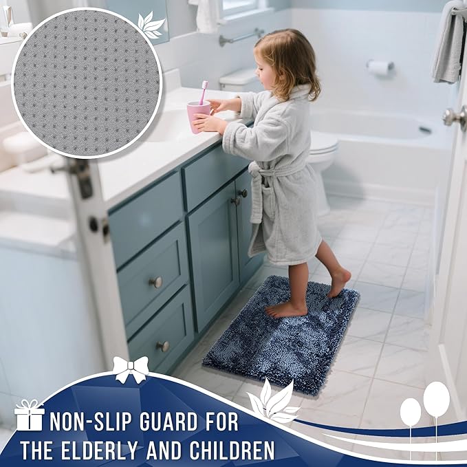 Yimobra Chenille Bathroom Rugs Non Slip, Extra Thick Soft Absorbent Bath Rug 31.5x20 Inch, Machine Washable Quick Dry Bath Mat for Bathroom Floor, Tub and Shower, Home Decor Accessories, Light Blue