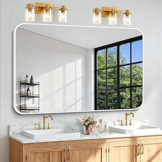 BONEWEI White Bathroom Mirror,55x36 inch Wall Mirror for Bathroom Wall Mounted,Rectangle Mirror for Bathroom Over Sink,Modern Frame Round Corner for Living Room,Bedroom Entryway,Horizontal/Vertical