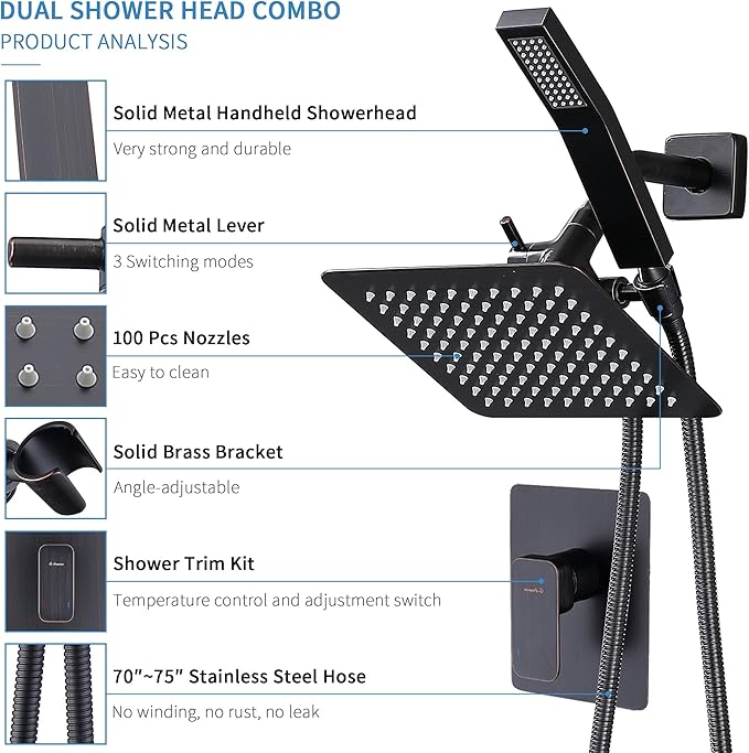 All Metal Shower Faucet Set, Dual Square Shower Head System with Handheld Wand, Diverter, Hose Complete Combo, Pressure Balance Rough-in Valve Included (Oil Rubbed Bronze）