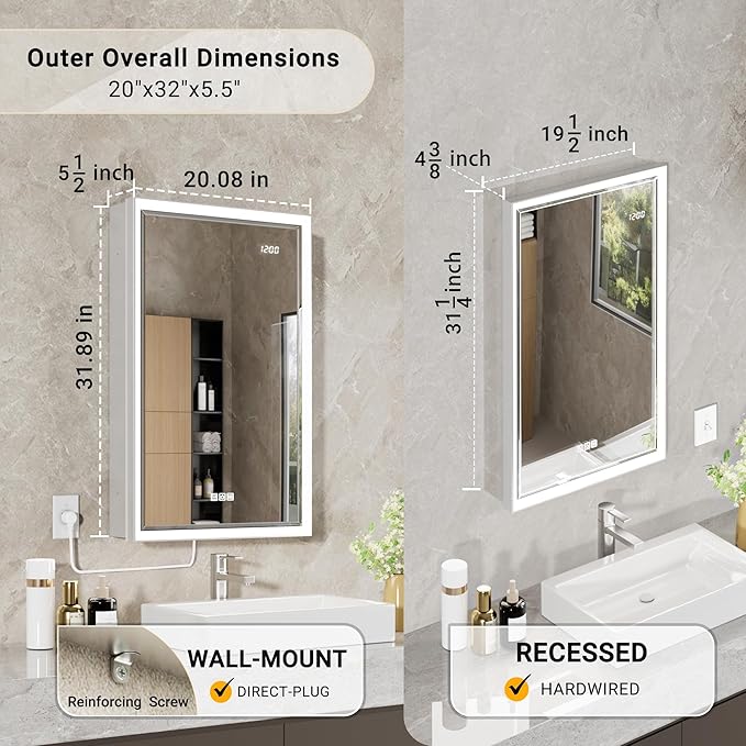 20x32 Lighted Medicine Cabinet with Beveled Mirror & Clock, Surface or Recessed Mirrored Medicine Cabinet with Dimmable Light Anti-fog, Built-in Sensing Light & Outlet, Soft-Close Right Hinge