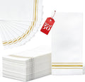 Prestee Disposable Guest Towels for Bathroom - Linen-Like Paper Hand Towels - White with Gold Stripes - 7.8"x4" Folded - 50 Count - Elegant Bathroom Napkins for Events and Parties