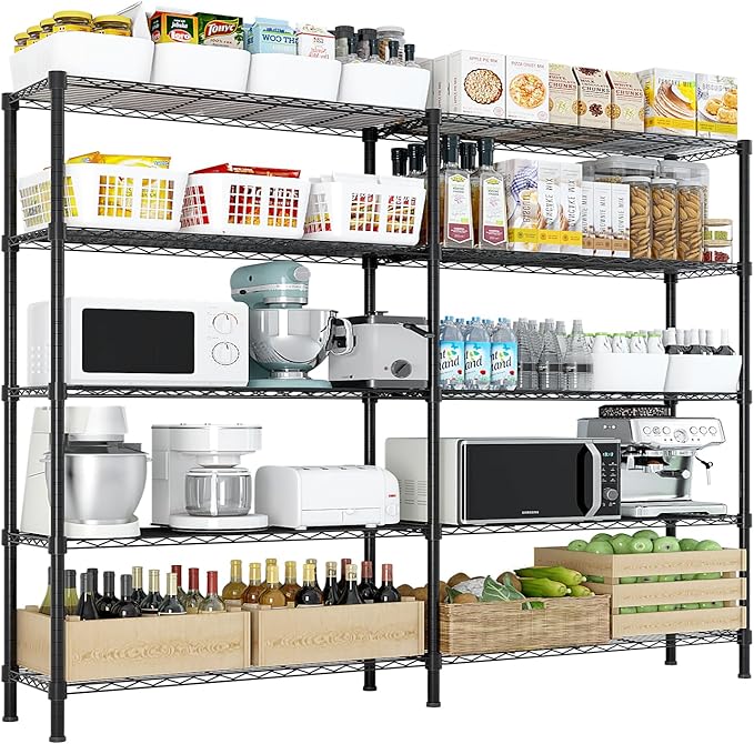 4 Tier Storage Racks Shelving, Heavy Steel Pantry Shelves, Adjustable Wire Shelving Rack with Wheels, Suitable for Garage, Kitchens, Offices, 59" W x 23.6" D x 75.6" H, Black