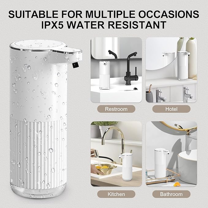 GuDoQi Automatic Touchless Foaming Soap Dispenser, 4-Level Adjustable Foam, USB Rechargeable Hand Soap Dispenser for Bathroom, Kitchen Countertops, 12.2oz/360mL, White