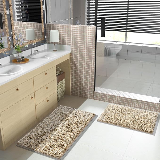 Yimobra Bath Mats for Bathroom Non Slip, 36x24, Extra Soft Chenille Bathroom Rugs, Luxury Fluffy Long Matts for Tub, Plush Shaggy Carpet, Water Absorb, Machine Washable, Beige & Light Coffee
