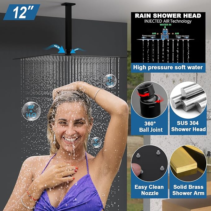 Enga Matte Black Rain Shower System with 4 Body Jets 12inch Wall Mount Rainfall Shower, All Metal Multi Shower Head System with Rough-in Valve