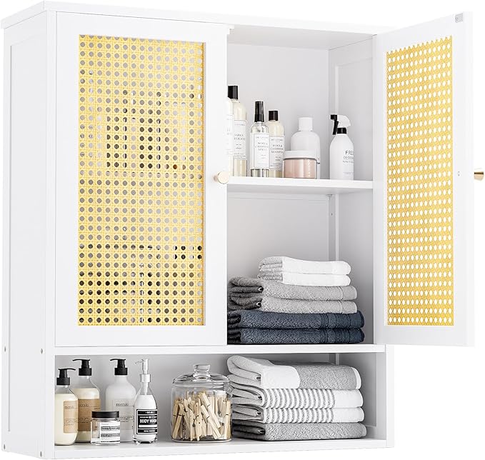 Bathroom Wall Cabinet, Bamboo Over-The-Toilet Storage Organizer with 2 Rattan Doors and Adjustable Shelf, Space Saver Medicine Cabinet for Laundry, Kitchen, Living Room (White)