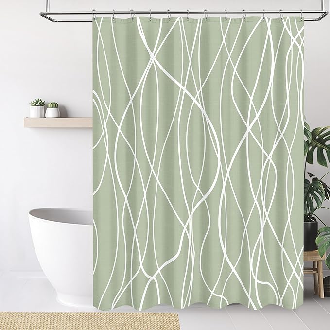 Tititex Morden 140gms Faux Linen Fabric Bath Shower Curtain Set Textured Fabric with Sage White Curve Pattern 72x72 Inch Water Resistant Bathroom Curtains, Weighted Hem & Hooks for Home/Hotel