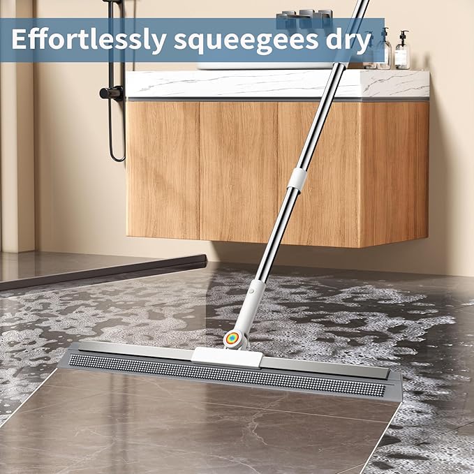 Squeegee Broom for Floor, Rubber Silicone Magic Broom with 180° Rotating Head & 63" Long Handle, Floor Squeegee Broom for Indoor/Outdoor Floor Cleaning, Pet Hair, Tile, Garage Concrete, Glass