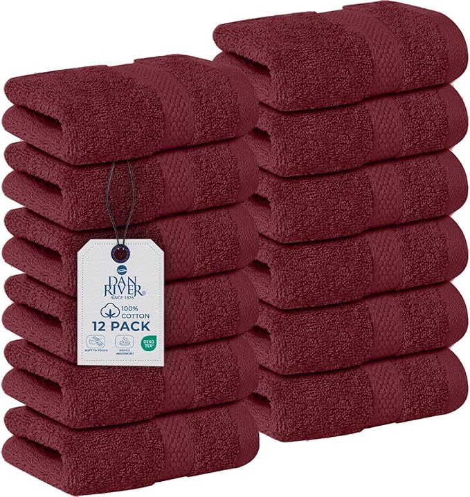 DAN RIVER 12-Pack Premium 100% Cotton Pomegranate Face Towels – Reusable Face Towel Set, Soft & Absorbent Luxury Wash Cloths for Bathroom & Body – Hand and Face Towels, 550 GSM (12x12 in)