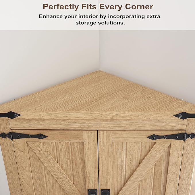 Tall Farmhouse Corner Cabinet with 4 Doors and Adjustable Shelves, Farmhouse Storage Cabinet with Barn Door Design, Home Space Saver for Living Room, Kitchen, Laundry Room (Natural Oak)