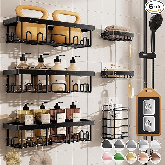 Veken Shower Caddy 6-Pack,Advanced Rustproof Design, No Drilling Adhesive Shelves, Rack with Soap Holder, Large Capacity Bathroom Organizers and Storage, Wall-Mounted Kitchen & Home Decor