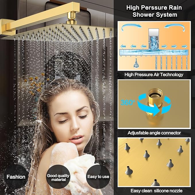 Rain Shower System 10 Inches Shower Head with Handheld Combo Set for Bathroom,High Pressure Rainfall Shower Faucet Set Wall Mounted,Rough-in Valve and Trim Kit(Brushed Gold)