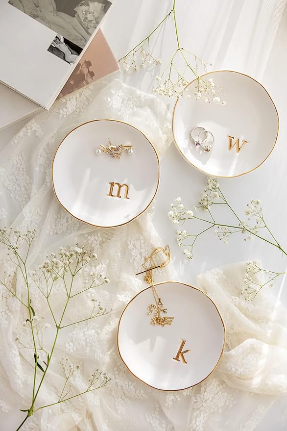 COLLECTIVE HOME - Ceramic Jewelry Tray, Decorative Trinket Dish for Rings Earrings Necklaces Bracelet Watch Keys, Birthday Mother's Day Christmas Gift for Women, 4.75", White Surface (G)