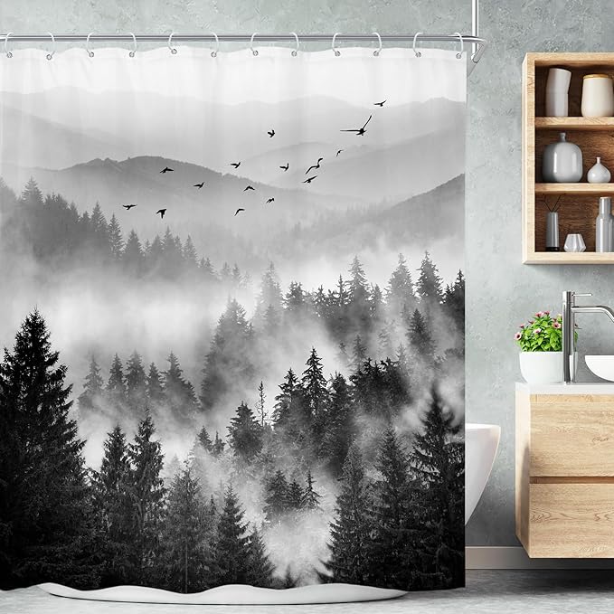Riyidecor Black and White Shower Curtain 72Wx72H Inch Mountain Scenery Nature Pine Tree Cool for Mens Scene View Landscape Bathroom Decor Fabric Polyester Waterproof 12 Pack Hooks