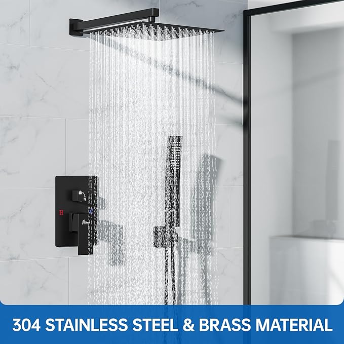 12 Inch Luxury Rain Shower Faucet Set, Matte Black Shower System with Rainfall Shower Head and Handheld Spray, SUS304 Stainless Steel and Solid Brass Wall Mounted Shower Valve Trim Kit