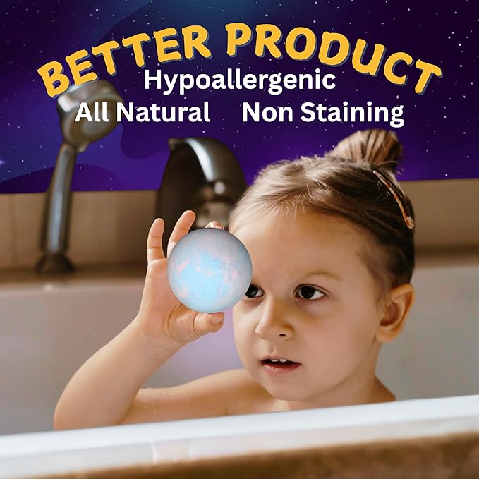 EvolutionUSA Space Bath Bombs for Boys & Girls, 6 Planet Bath Balls with Toy Hidden Inside, Organic Hypoallerganic Childrens Bathbombs, Cosmic Fun Space Surprise, Gift Set Birthday, Christmas, Easter
