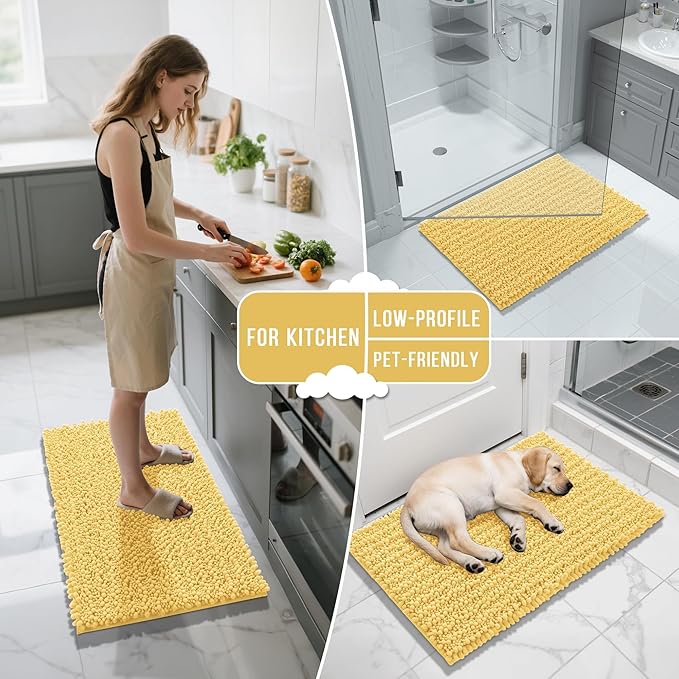 Yimobra Bathroom Runner Rug 55x24 Inch - Extra Long Non Slip Chenille Bath Mat, Soft & Absorbent, Machine Washable Shaggy Hallway Carpet for Vanity Tub Shower, Yellow Home Decor Accessories