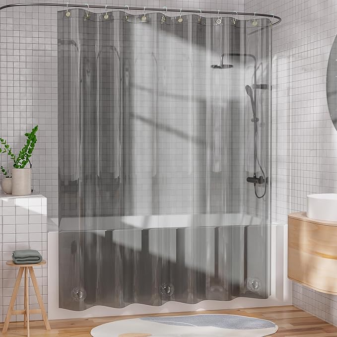 AmazerBath Shower Curtain Liner, 100% EVA Luxury Soft Clear Grey Heavy Duty Shower Curtain and Liner 2-in-1, 72x72 Plastic Weighted Bathroom Shower Curtain, 12 Rustproof Grommets & Heavyweight Stones