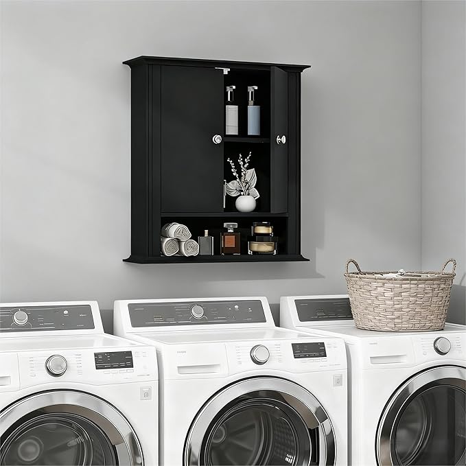 Bathroom Cabinet Wall Mounted| Over The Toilet Storage Cabinet with 2 Doors & Adjustable Shelf, Hanging Wall Cabinet, Upper Cabinet Storage Cupboard for Bathroom,Kitchen,Laundry Room, Black