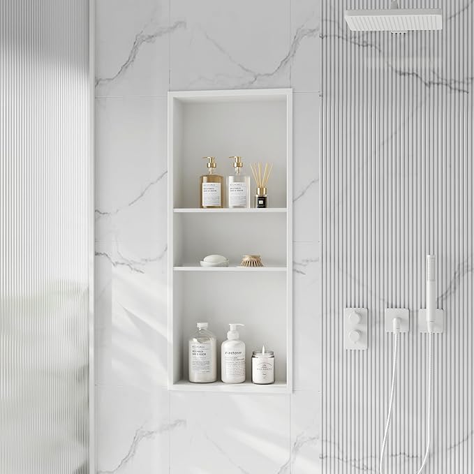 Neodrain 12X30 in Shower Niche, 3 Layers White Wall Niche Tile Ready NO Tile Needed Stainless Steel Recessed Niches for Shower Wall Bathroom Storage