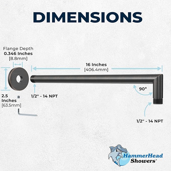 HammerHead Showers® Solid Metal 16 Inch Extended Shower Arm and Flange with Set Screw, Long Shower Arm, Extends Rain Shower Overhead, Wall-Mounted Rain Shower Arm, Oil Rubbed Bronze