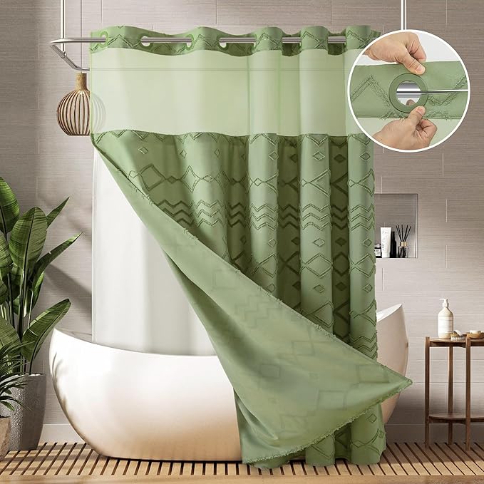 No Hooks Shower Curtain with Snap-in Liner, Sage Green Boho Tufted Chevron Striped Textured Shower Curtains for Bathroom, Water Repellent Luxury Shower Curtain, 72Wx74H