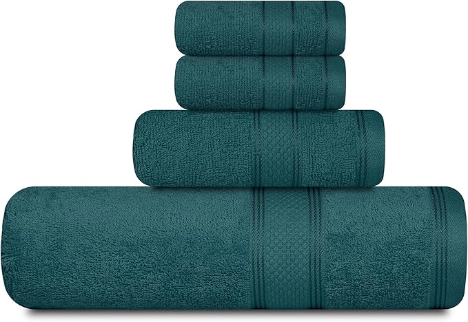 Casa Lino 4 Piece Bath Towel Set | 1 Bath Towel, 2 Wash Cloth, 1 Hand Towels | Bathroom Essentials for New Home, 100% Cotton Luxury Towels, Highly Absorbent Bathroom Set, Teal.