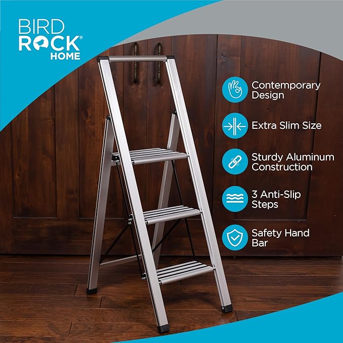 BIRDROCK HOME 3 Step Ladder | Folding Anti-Slip Step Stool, 250 lb Capacity | Lightweight, Slim & Sturdy Design for Household, Kitchen, Garage, Indoor & Outdoor Use | Collapsible, Portable, Heavy-Duty