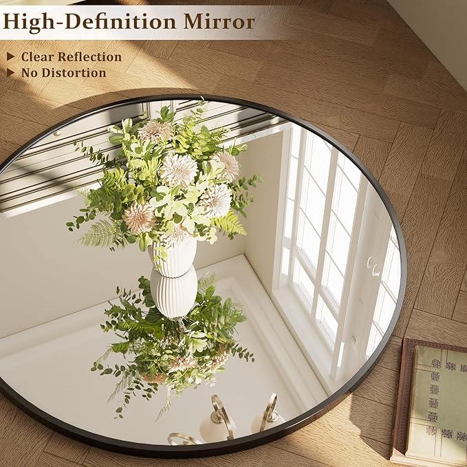 40 Inch Round Mirror - Circle Mirrors for Bathroom, Entryway and Living Room Wall Decor, Modern Hanging Vanity Mirror, Matte Black Circle Decorative Wall Mirror