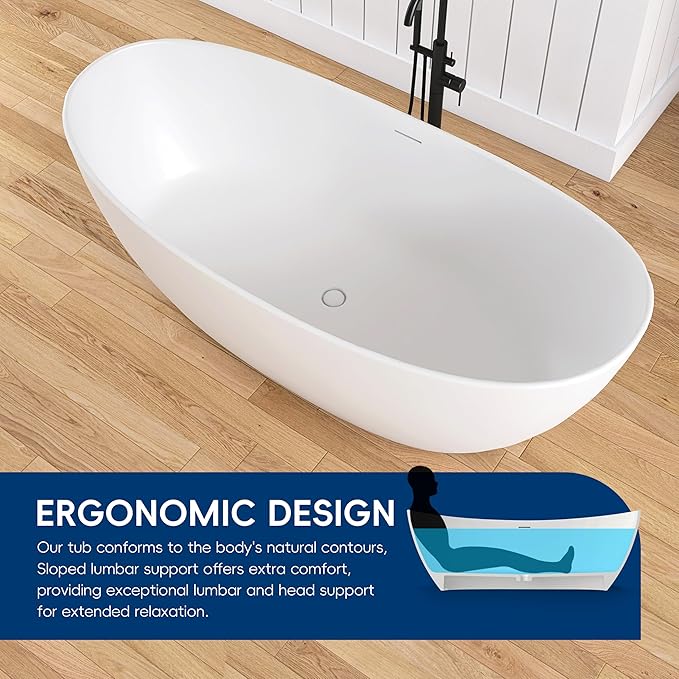 73'' High-back Freestanding Solid Surface Resin Stone Bathtub, Freestanding Tub, Contemporary Design Stand Alone Tub with Pop-up Drain and Overflow, Matte White (Oval)
